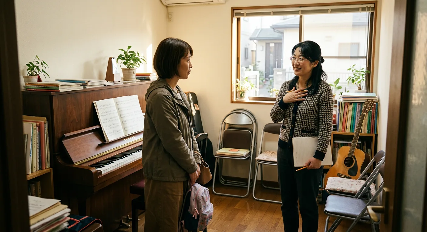 小規模な教室で、レッスン後に保護者と話す講師