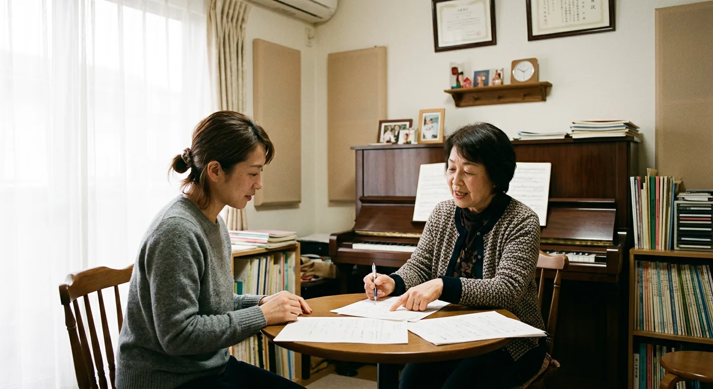 教室の机で書類を前に打ち合わせをする講師と保護者