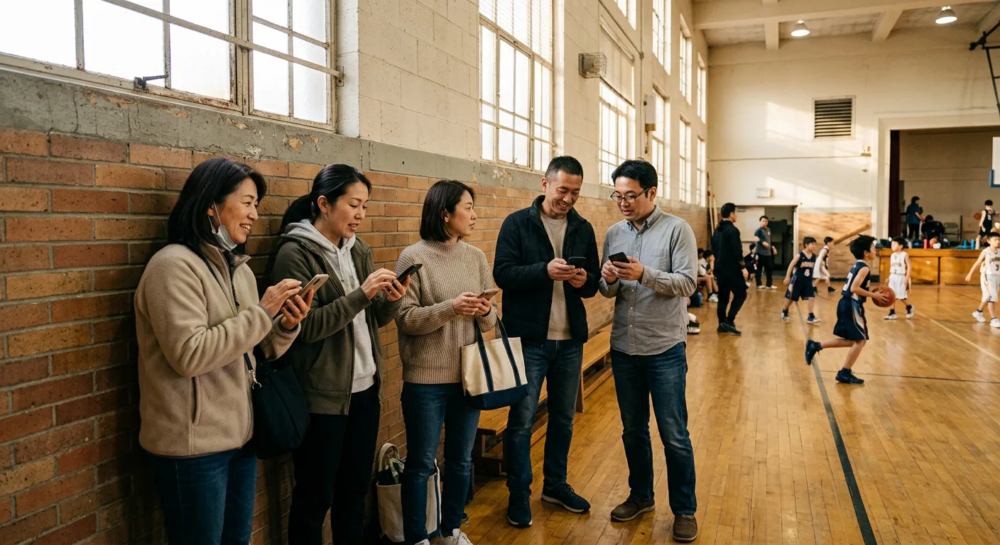 体育館の壁際でスマートフォンを見ながら立ち話をする保護者たち
