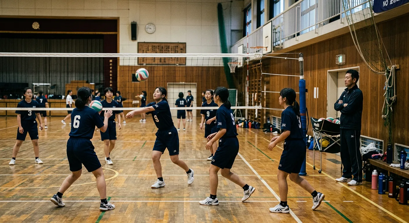 夕方の体育館でバレーボールの練習をする中学生と、コート脇に立つ指導者