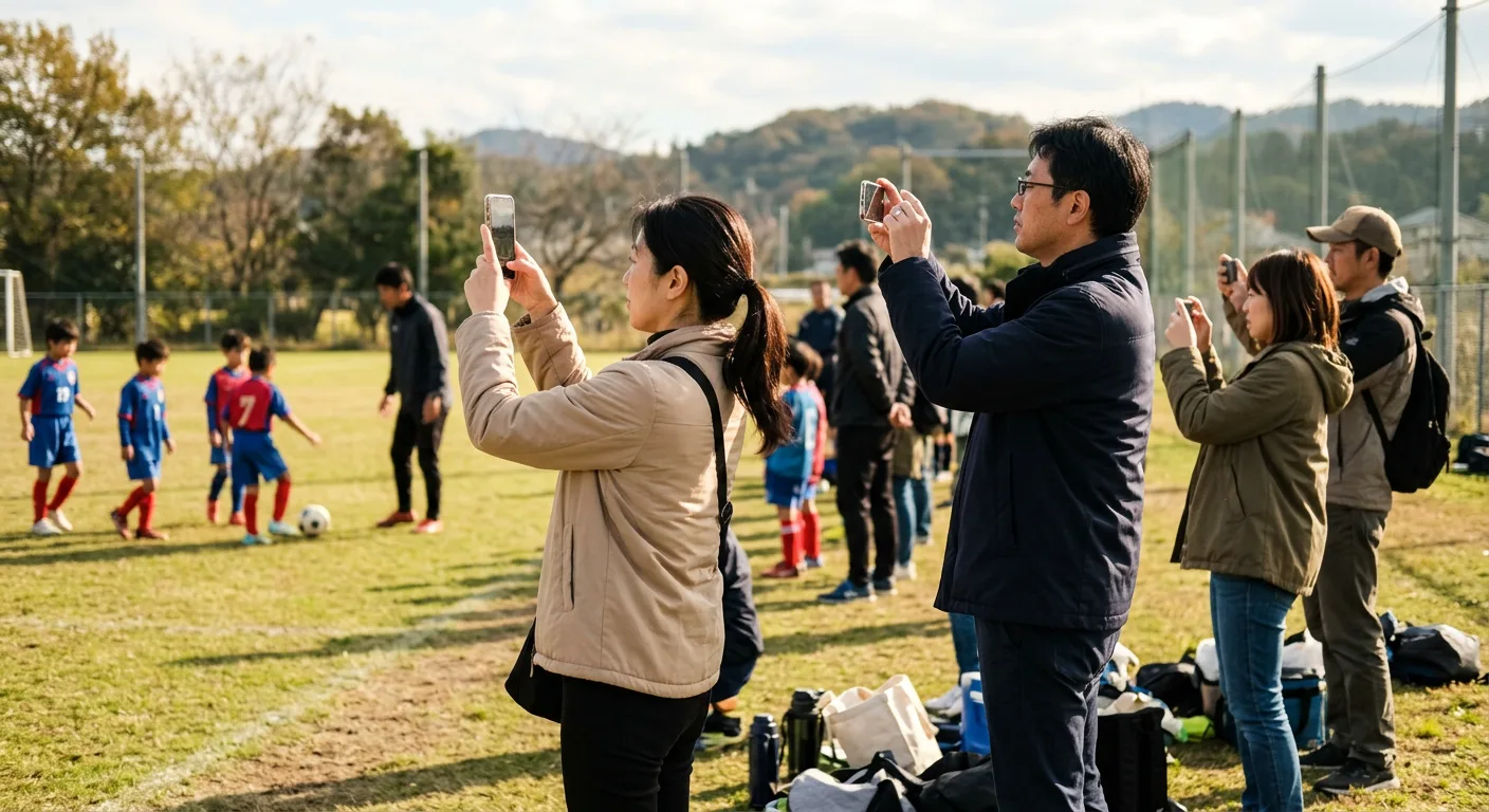 グラウンドの脇からスマートフォンで子どもの練習を撮影する保護者