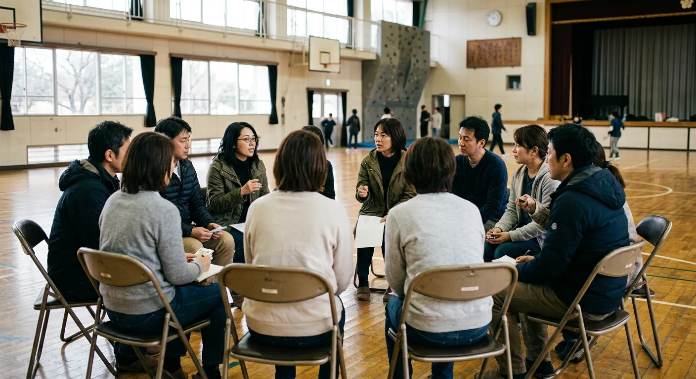 体育館のパイプ椅子に輪になって座り、話し合う保護者たち