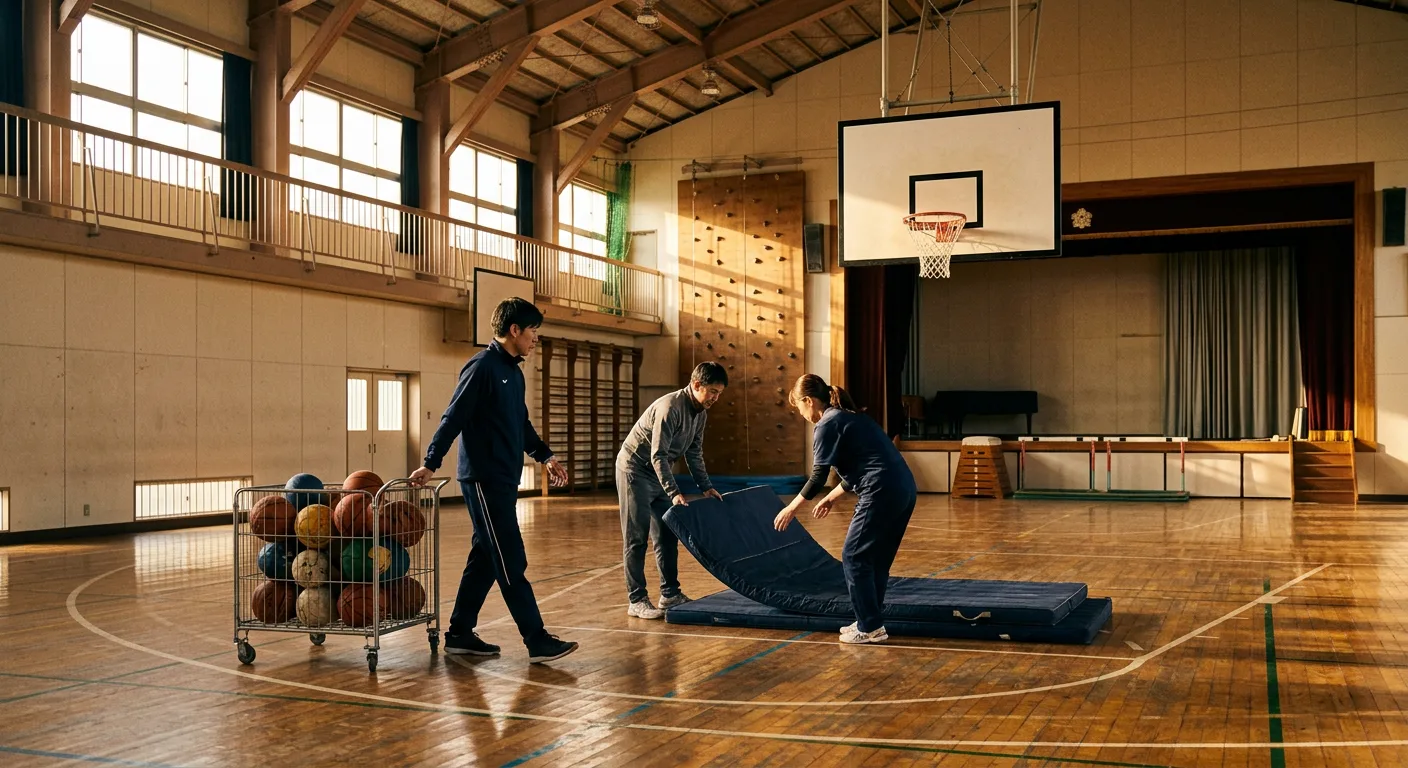 放課後の小学校の体育館で、バスケットゴールの下に並べられたボールかごと、準備をする大人たち