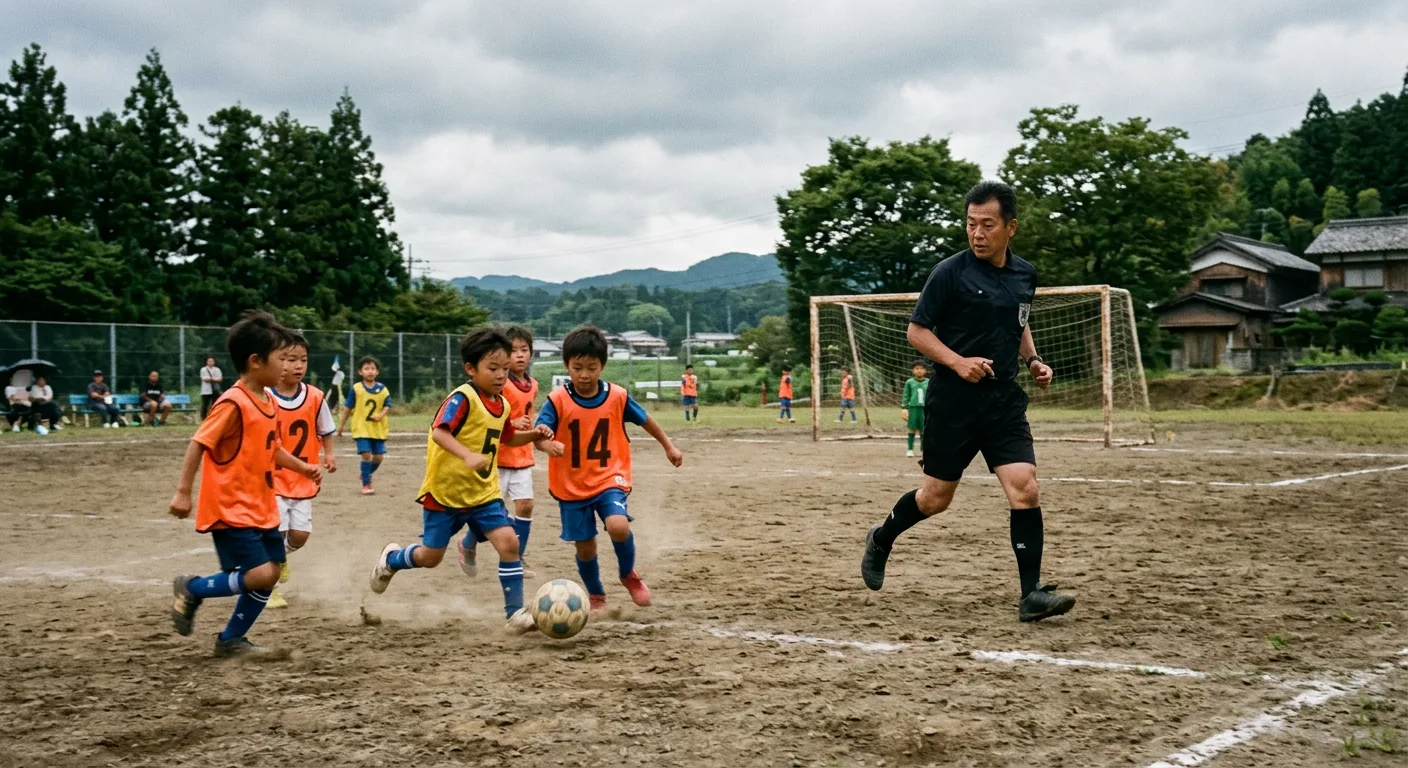 土のグラウンドで行われる小学生のサッカーの試合を、ピッチの中から見守る大人の審判