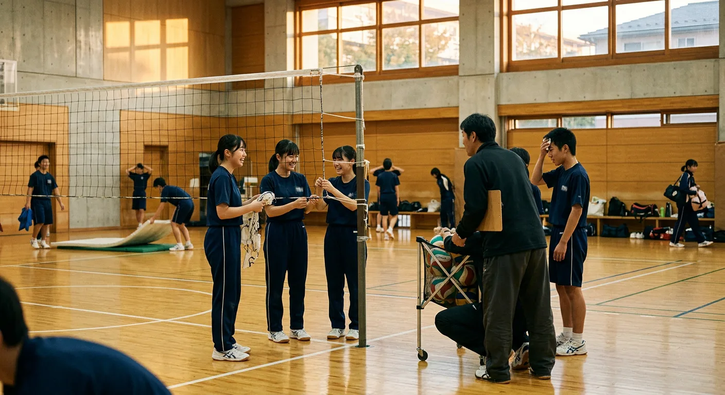 夕方の中学校の体育館で練習の準備をする中学生と大人