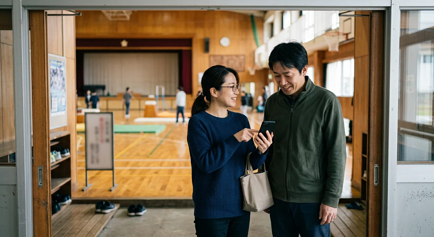 体育館の入口でスマートフォンを見ながら話す保護者たち