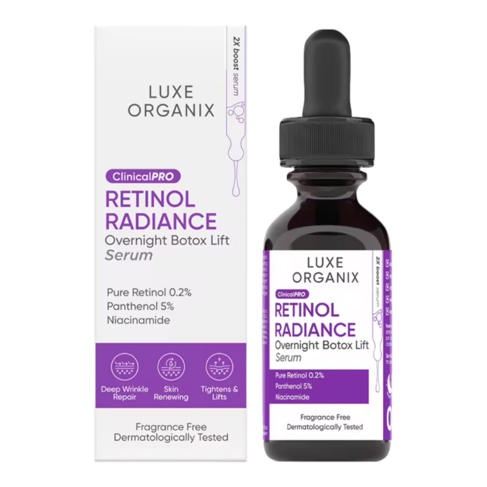Luxe Organix, Retinol + Bakuchiol Overnight Radiant Glow Botox Lifting Serum 30ml