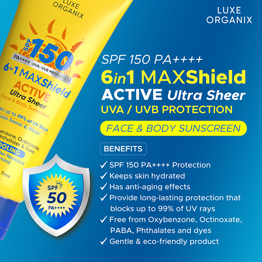 Luxe Organix, 6 in 1 Maxshield Active Ultra Sheer Face and Body Sunscreen SPF150 100ml