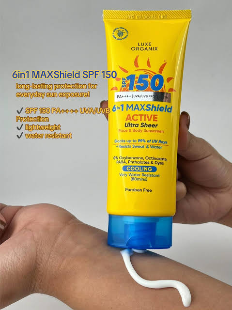 Luxe Organix, 6 in 1 Maxshield Active Ultra Sheer Face and Body Sunscreen SPF150 100ml