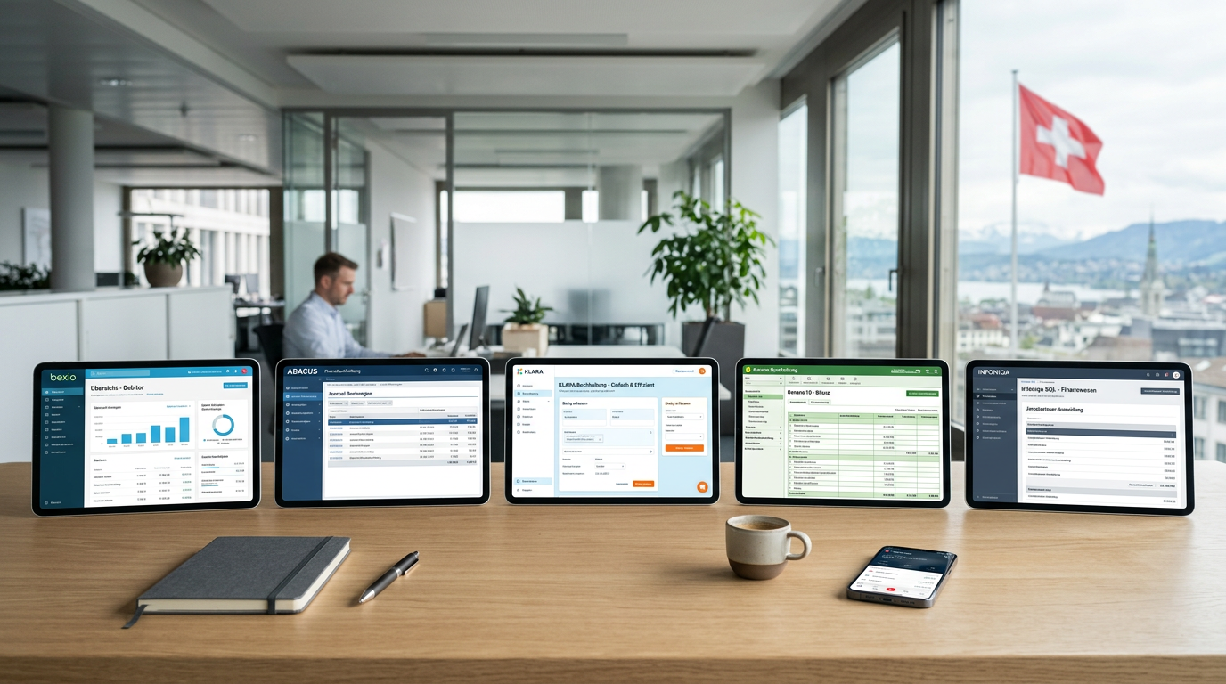 Buchhaltungssoftware Schweiz: Vergleich 2026 — Bexio, Abacus, KLARA, Banana, Infoniqa im Praxistest