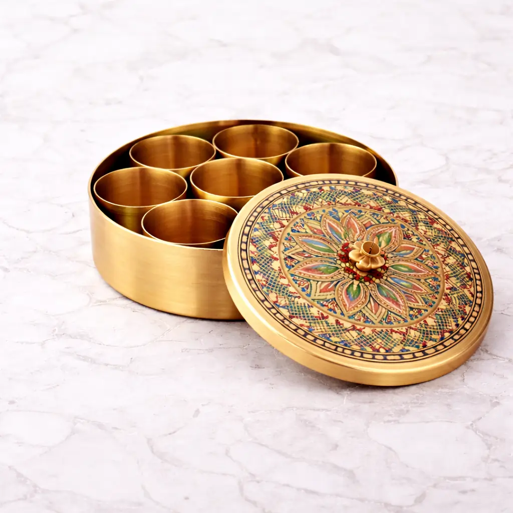 8" Brass Masala Box / Spice Box with Spoon - Red Mandala
