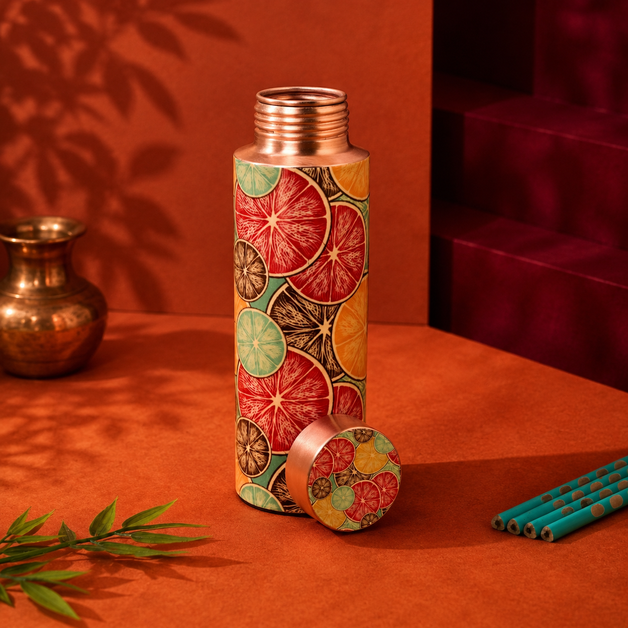Copper Bottle Fruit Lemon Design For Kids , Men & Women Summer Bottle| High Quality Enamel Sticker | 400 ML