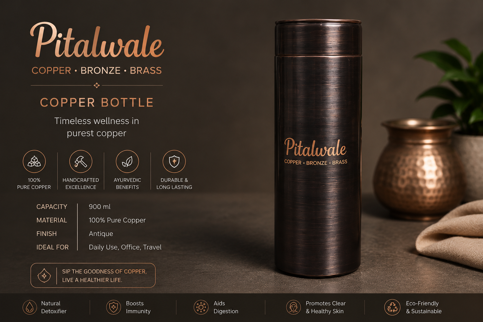 Pure Copper Water Bottle Plain Matt Finished Capacity 1000 ML