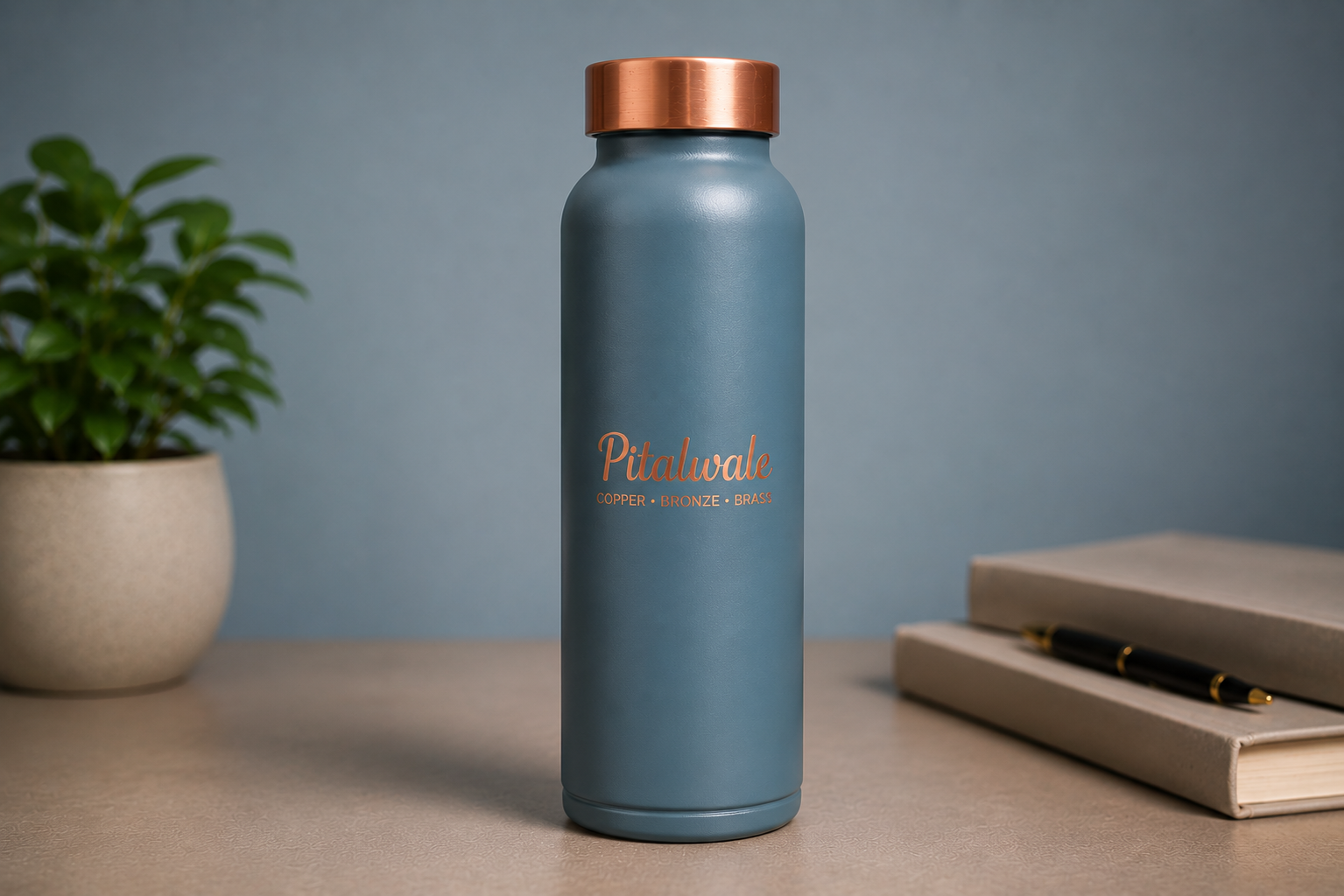 Pure Copper teal round Water Bottle with Leak Proof Capacity 1000 ML.