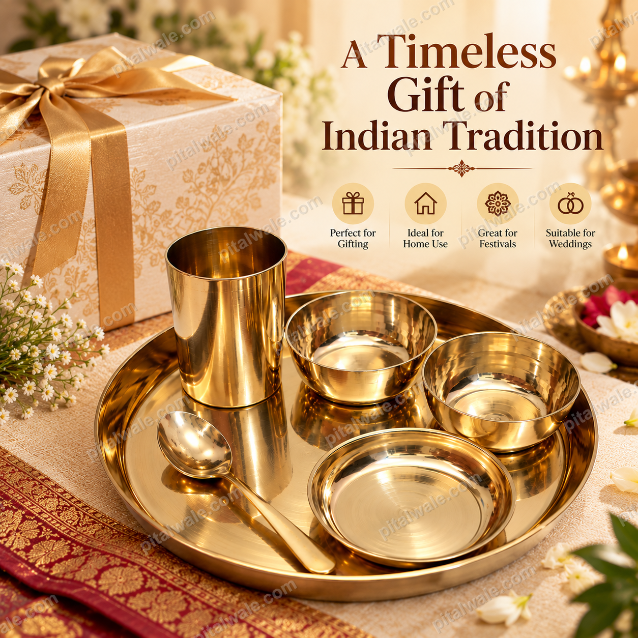 Pitalwale Pure Bronze Kansa Dinner Set 6 Pc - Thali, Katori, Glass & Spoon