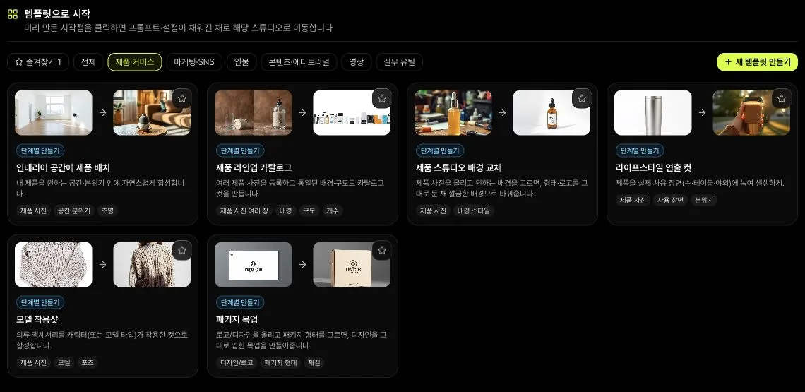 PIVOT AI STUDIO의 실제 제품·커머스 템플릿 화면. 작업 목적에 맞는 시작점을 선택하면 입력 자료와 설정을 단계별로 정리할 수 있도록 구성했다. 화면의 예시 썸네일은 이번 글을 위해 실행한 결과가 아니다.