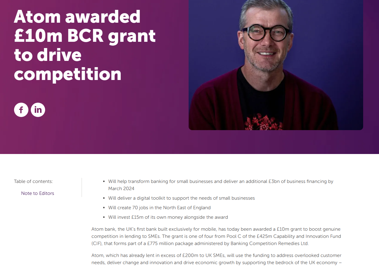 Press release confirming Atom Bank secured £10 million in funding.