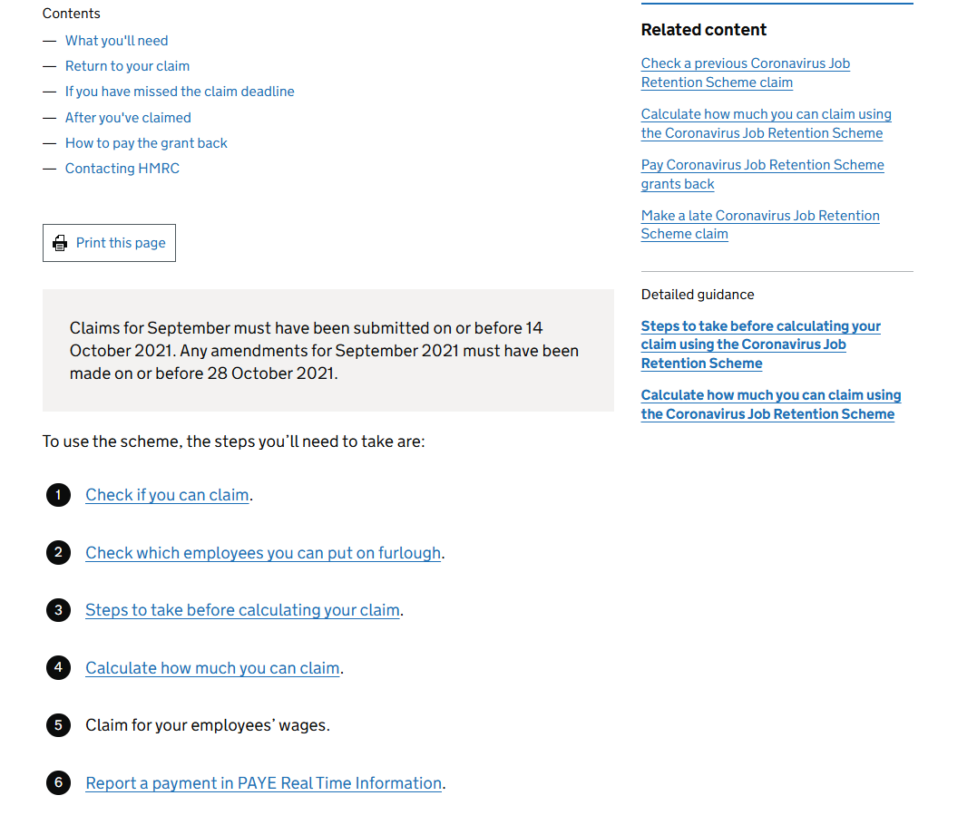 Screenshot of the Coronavirus Job Retention Scheme (furlough) service on GOV.UK, a critical COVID-19 support service.