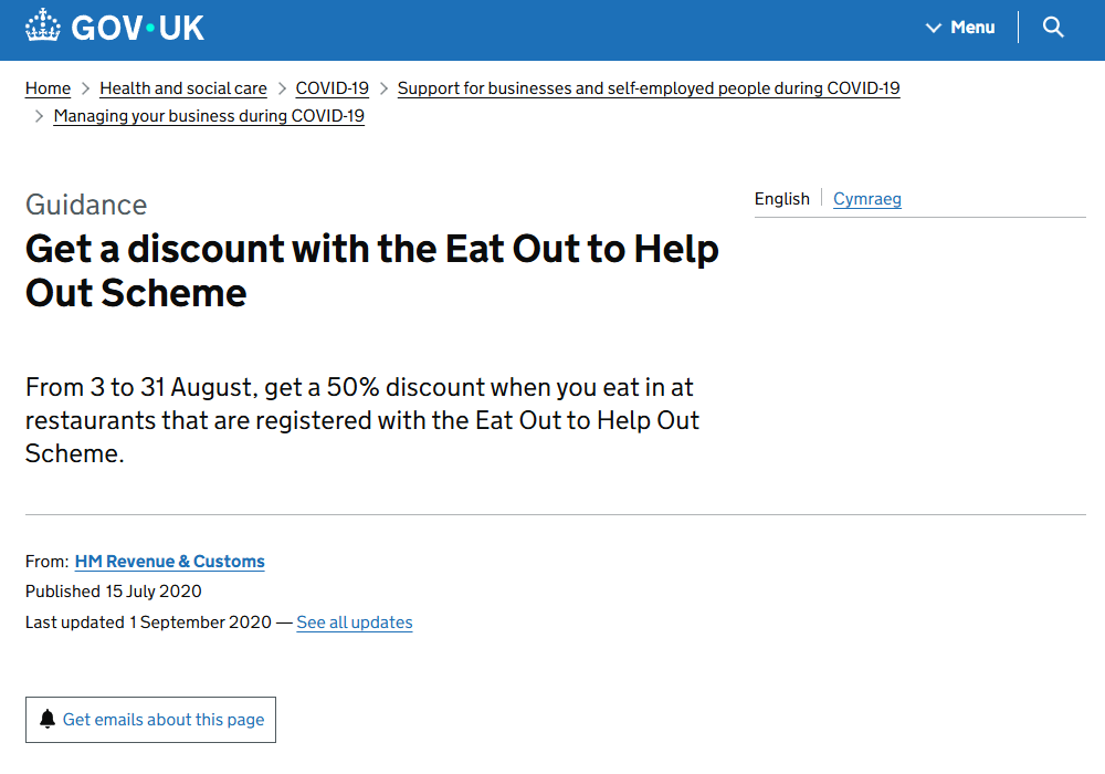 Screenshot of the Eat Out to Help Out Scheme service on GOV.UK, informed by user-centred design.
