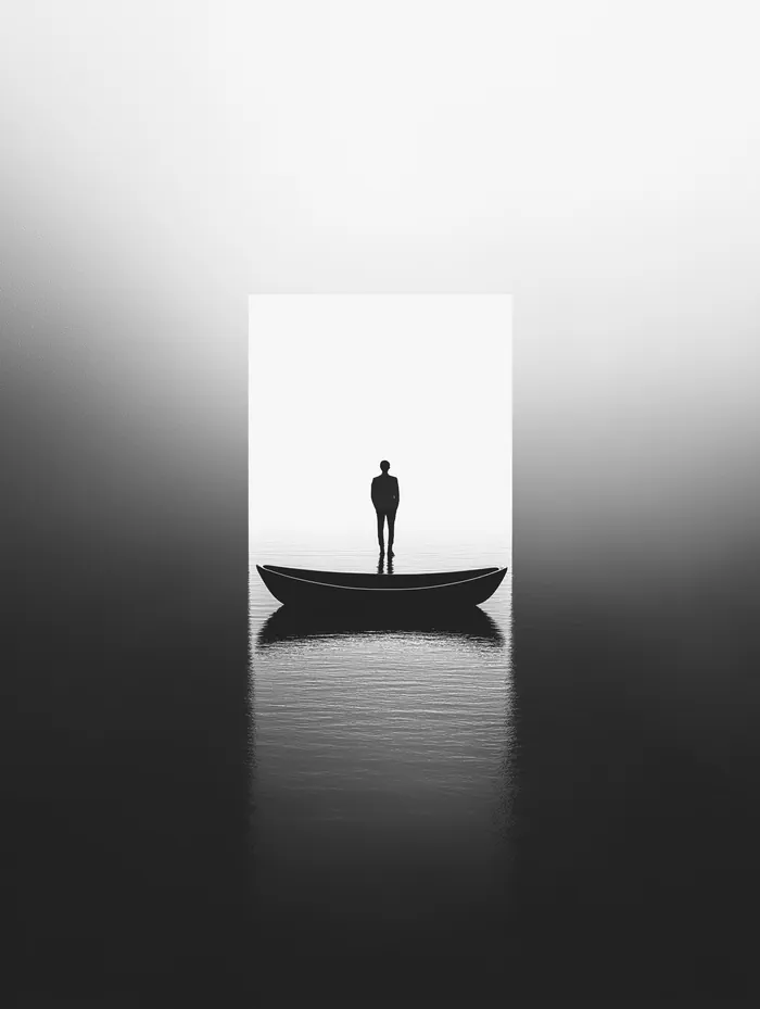 Solitary figure stands in a small boat