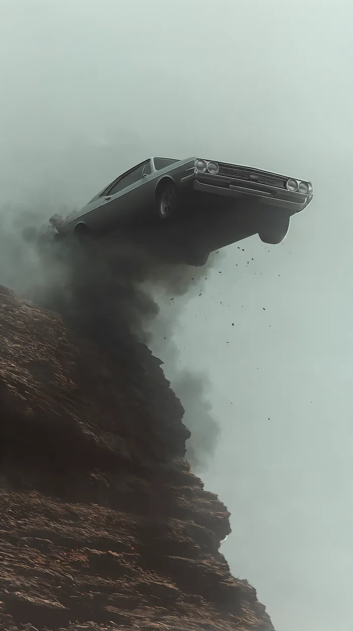 Car on fire falling off cliff