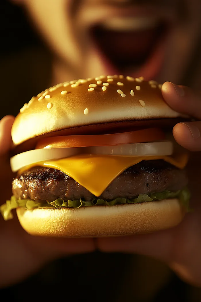 Close-up of a cheeseburger being held
