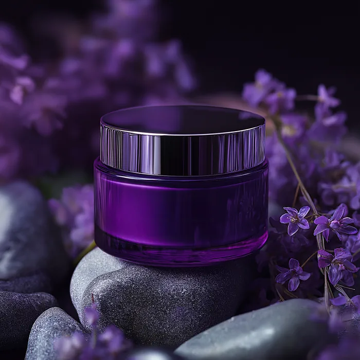 Purple cream jar on grey stones