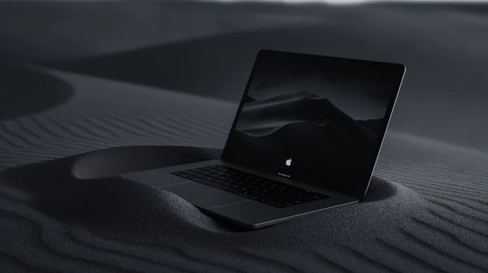 MacBook lying on top of a black sand dune