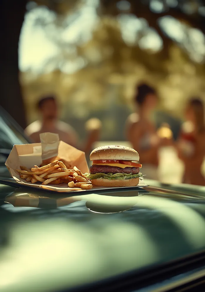Cheeseburger and french fries on a car hood
