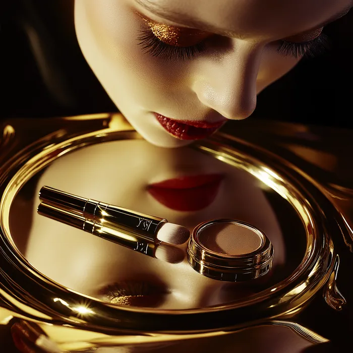 A golden tray reflecting a woman face