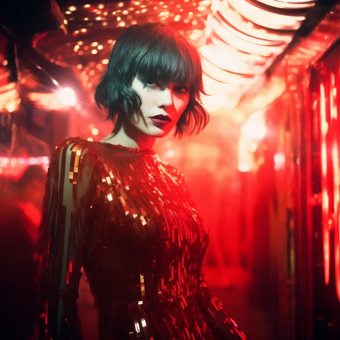 Woman wearing a red glitter dress