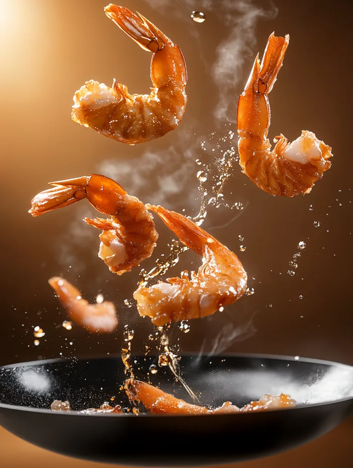 Cooked shrimp in a frying pan