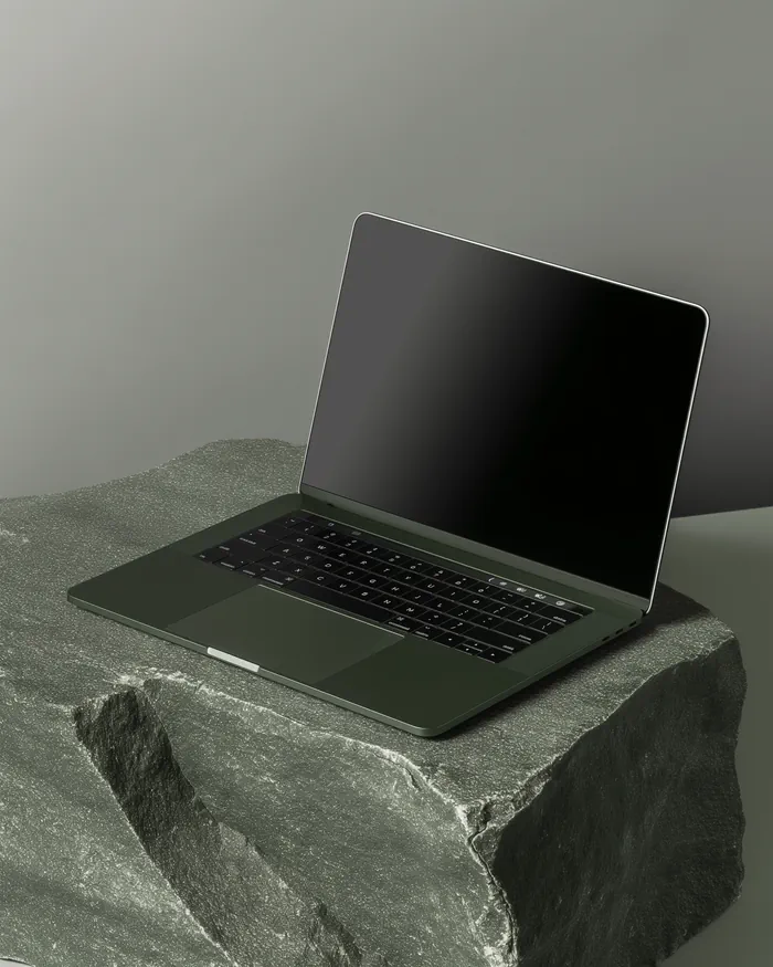 Black laptop computer sitting on a gray rock