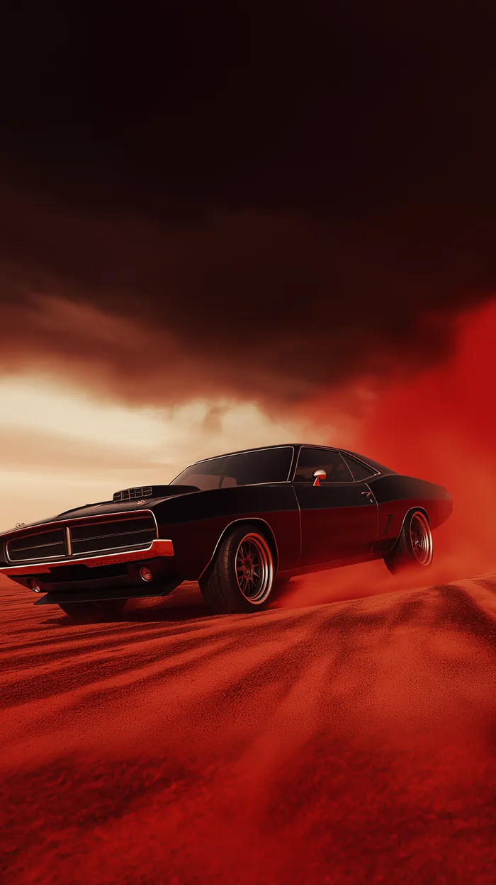 Black car speeding through a desert