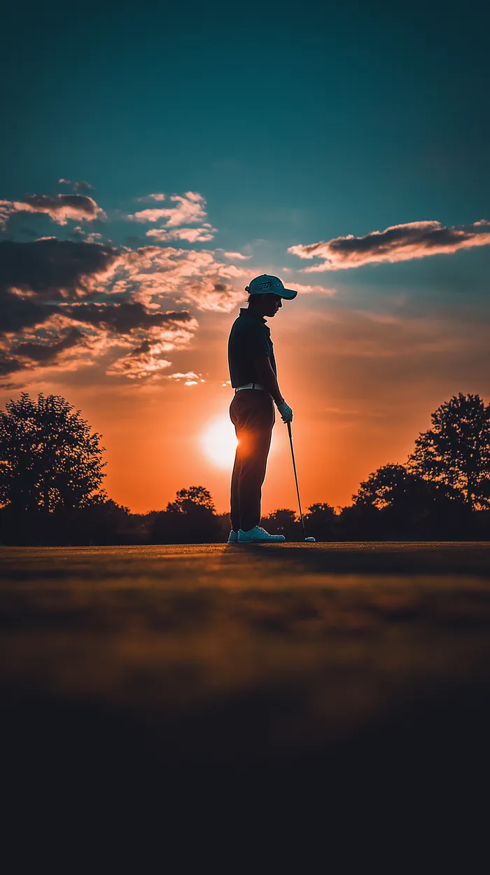 Golfer standing at sunset
