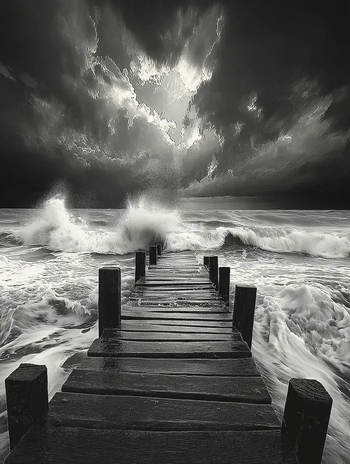 Wooden pier extending into a stormy sea