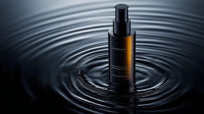 Bottle of lotion on black water