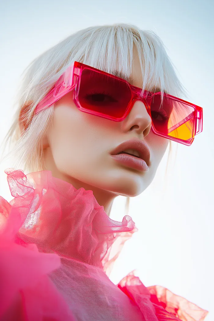 Woman wearing oversized red sunglasses