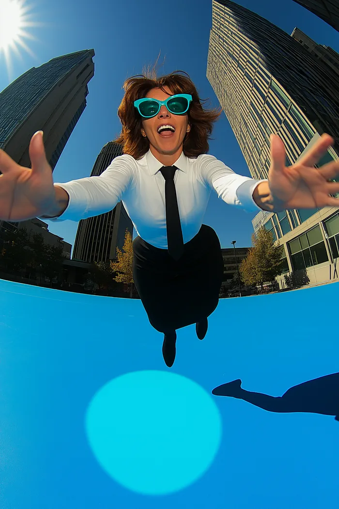 Fish eye shot of a woman jumping