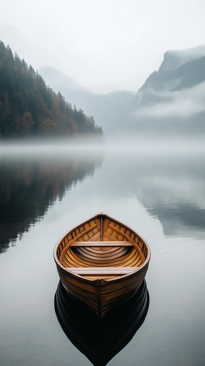Wooden boat floats on the lake