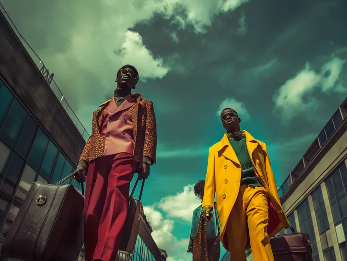 Two men walking on a street with suitcases