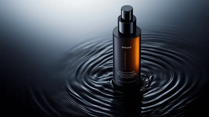 Bottle of lotion on black water