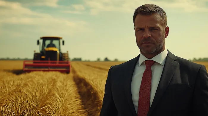 Man in a sharp suit standing in a wheat field