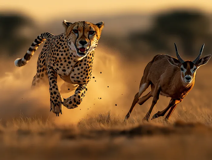 A cheetah is running to chase the antelope