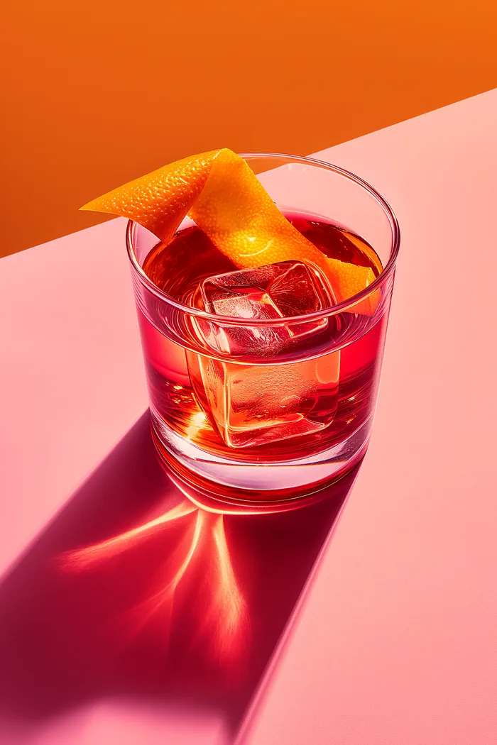 Vibrant cocktail garnished with orange peel