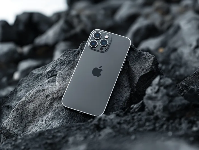 iPhone 14 Pro Max resting on a pile of rocks