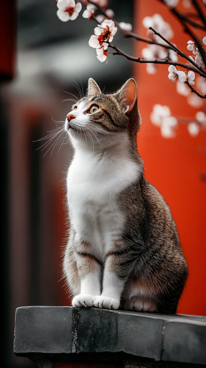Cat sitting on a stone ledge