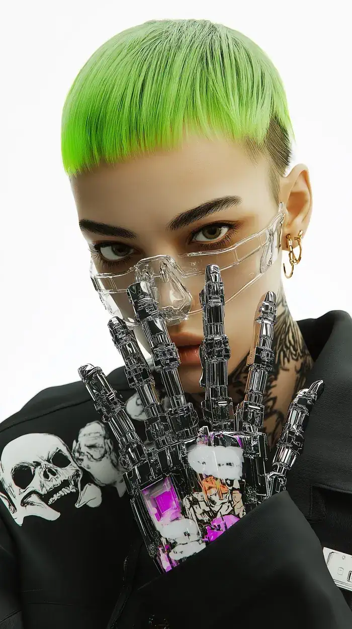 Woman with green hair and futuristic goggles