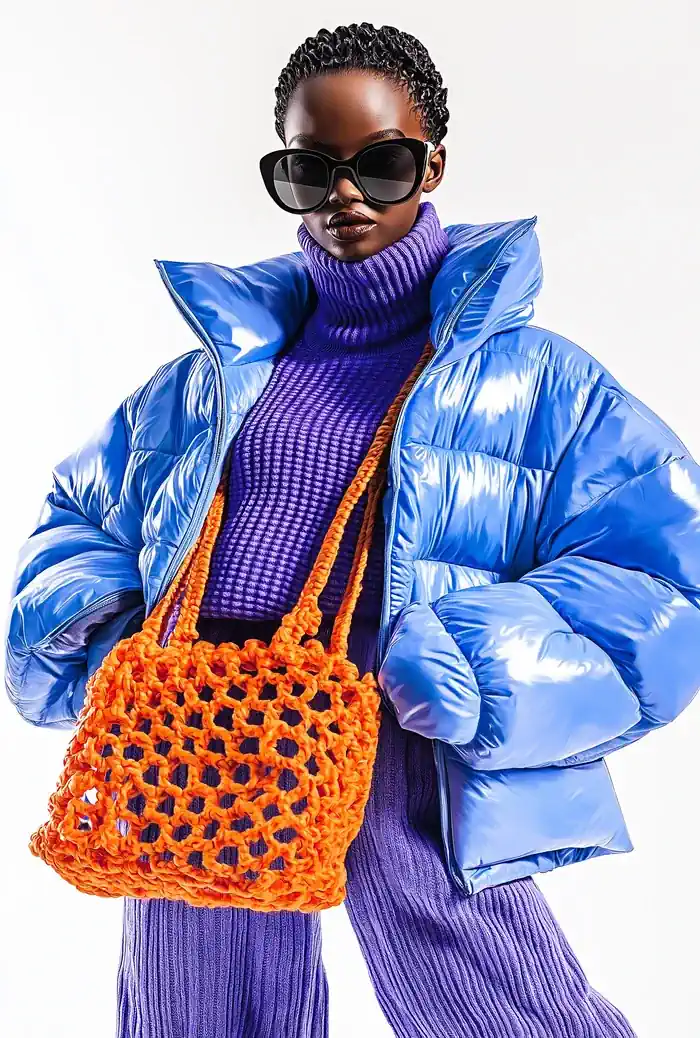 Model showcases a blue puffer jacket