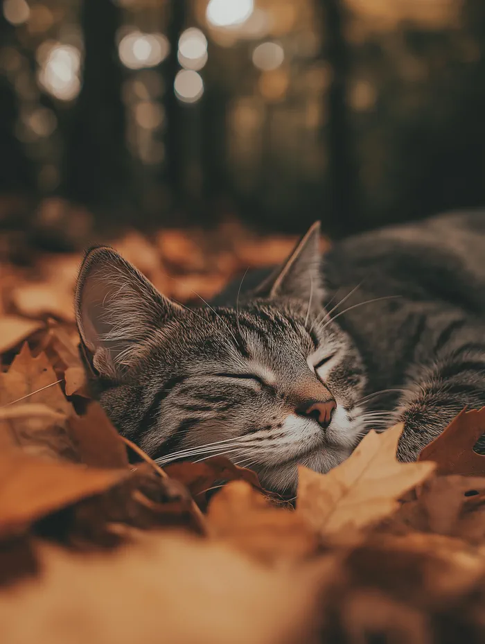 Cat sleeping on autumn leaves